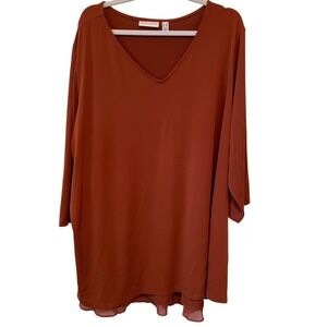 Susan Graver Size 3X Rust Liquid Knit Tunic Top 3/4 Sleeve Chiffon Accent Back